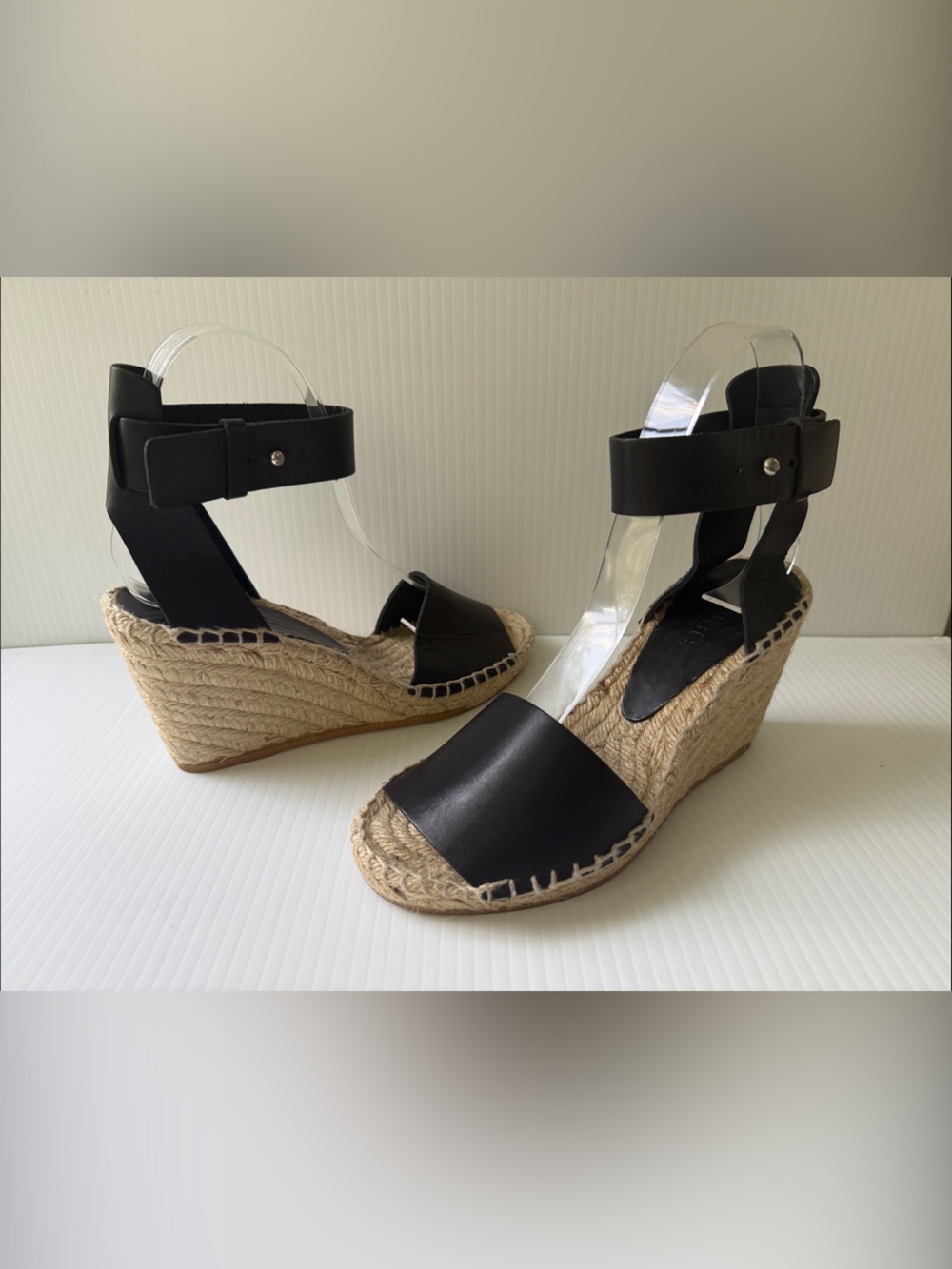 Vince Black Leather Espadrille Wedge Sandals with Ankle Strap Size 35(5)